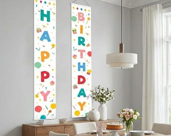 Colorful Vertical Happy Birthday Banner, Rainbow Party Porch Sign