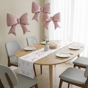 Coquette Bow Birthday Party Decor – Pink Table Runner, Foil Balloons, Elegant Theme