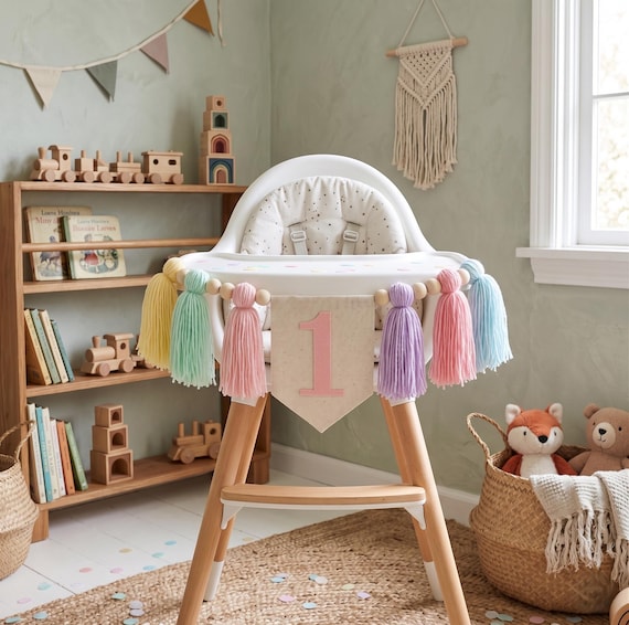 Pastel Yarn Tassel High Chair Banner, Boho First Birthday Smash Cake Prop