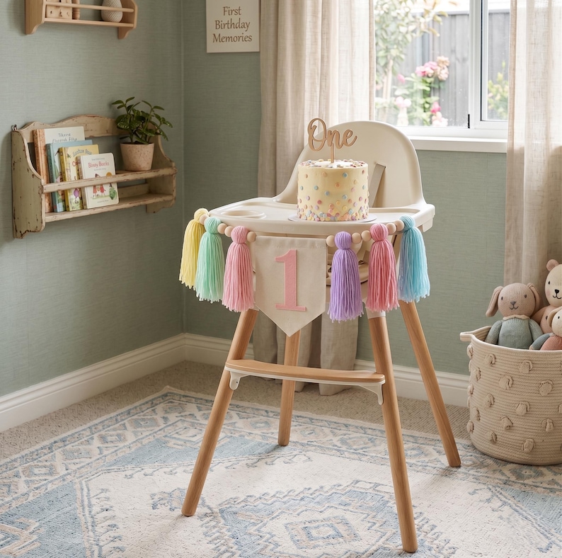May include: A high chair with a banner that reads "1" and a cake with a "One" topper. The banner is decorated with colorful tassels. The high chair is made of wood and has a neutral color scheme, perfect for a first birthday celebration.
