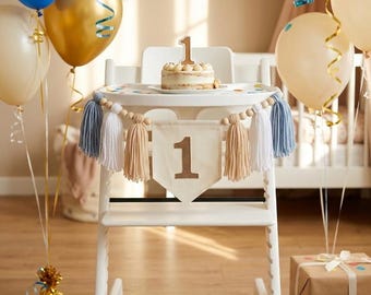 First Birthday High Chair Banner | 1st Birthday Decoration Blue and Beige