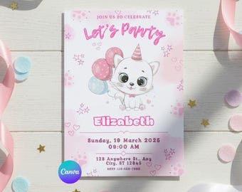 Editable cat birthday invitation-kitten party invitation-instant download, Kitty Pastel Party Invite, Canva