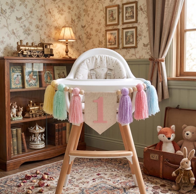 May include: A white high chair with wooden legs and a banner that says "1". The banner is decorated with colorful tassels. The high chair is set in a room with a bookshelf, toys, and a window.