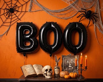 Black BOO Foil Balloons, Spooky Halloween Party Decor