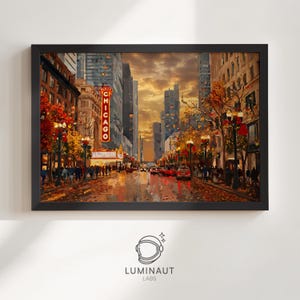 Può includere: Una stampa d'arte da parete incorniciata che raffigura una scena di strada di Chicago al tramonto. L'immagine presenta edifici alti, un'insegna rossa verticale con la scritta CHICAGO, alberi autunnali con foglie arancioni e gialle e lampioni.
