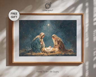 May include: A framed print of a Nativity scene. The artwork depicts Mary and Joseph kneeling over the baby Jesus, with a bright star in the night sky. The frame is a light brown color, and the print is labeled "Frame TV Art | 4K Quality."