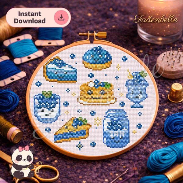 Kawaii Blueberry Desserts Cross Stitch Pattern • Beginner Friendly (Digital Download)
