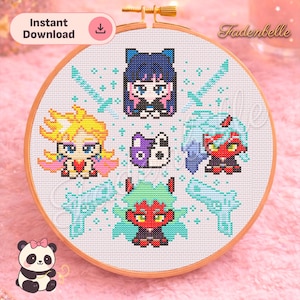 May include: A cross-stitch embroidery hoop featuring anime-style characters in a colorful pixelated design. The design includes characters with blue, yellow, and red hair, along with blue swords and the text "Instant Download". The hoop is set against a pink background.