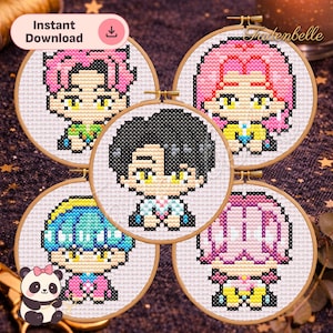 May include: Five cross-stitch embroidery hoops featuring anime-style characters with various hair colors, including pink, black, and blue. Each character is dressed in colorful outfits. The text "Instant Download" is visible on the top left.