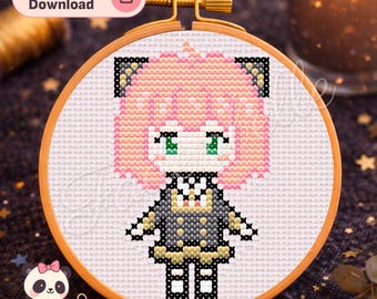 Anya Cross Stitch Pattern • Spy Family Chibi Embroidery • Beginner Friendly (Digital Download)
