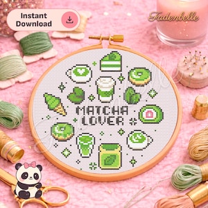 May include: A cross-stitch embroidery hoop featuring a "Matcha Lover" design. The design includes pixelated images of matcha-themed items in green and white, such as donuts, ice cream, and tea cups. The words "Instant Download" are at the top.