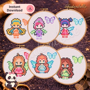 May include: Six cross-stitch embroidery hoops showcasing pixelated fairies with butterfly details. Each fairy has a distinct colour palette, including orange, purple, red, and pink. The text "Instant Download" is visible at the top left.