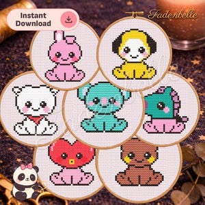 Könnte beinhalten: Sieben Kreuzstichmuster mit niedlichen Cartoon-Tieren in runden Rahmen. Die Tiere umfassen ein rosa Kaninchen, einen gelben Hund, einen weißen Bären, einen türkisfarbenen Koala, ein lila Pferd, ein rotes Herz und einen braunen Bären. Der Text "Sofort-Download" ist sichtbar.