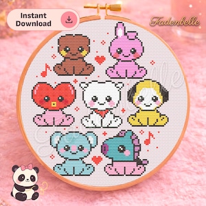 Puede incluir: Un bastidor de bordado de punto de cruz con siete personajes de dibujos animados de colores, incluyendo un oso, un conejo, un corazón, un oso, un perro, un koala y un caballo. El texto "Instant Download" y un icono de descarga están en la parte superior. La marca "Fadenbelle" también es visible.