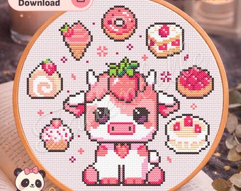 Patrón de punto de cruz de vaca fresa • Proyecto kawaii para principiantes (descarga digital)