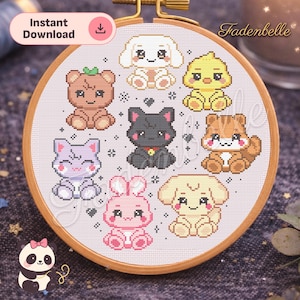 Può includere: Un telaio da ricamo a punto croce con una collezione di adorabili animali in stile cartone animato. Gli animali includono un orso, un gatto, un cane, un coniglietto e un pulcino, tutti in morbidi colori pastello. Il testo "Instant Download" è visibile.