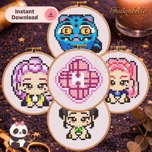 May include: A collection of five cross-stitch embroidery hoops. The designs include a blue cat, a pink floral letter "H", and three anime-style characters with pink, purple, and black hair. The text "Instant Download" is visible.