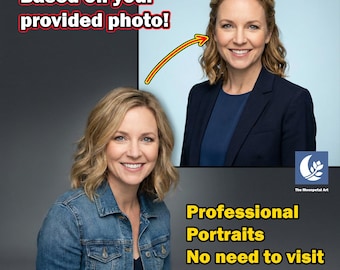 May include: Image promoting professional portraits. It features a woman in a denim jacket and a woman in a navy blazer. Text reads "Based on your provided photo!" and "Professional Portraits No need to visit a photographer!" The Moonpetal Art logo is in the bottom right.