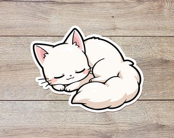 Sleeping White Cat Sticker | Glossy Vinyl Laptop Decal