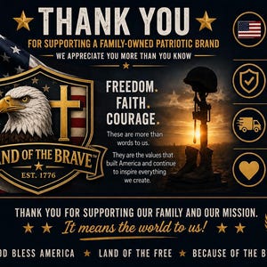 May include: A patriotic graphic featuring an American flag, a bald eagle, and a cross within a shield logo labeled Band of the Brave. It includes a soldier's memorial silhouette, text about family-owned values, and icons for quality and shipping.