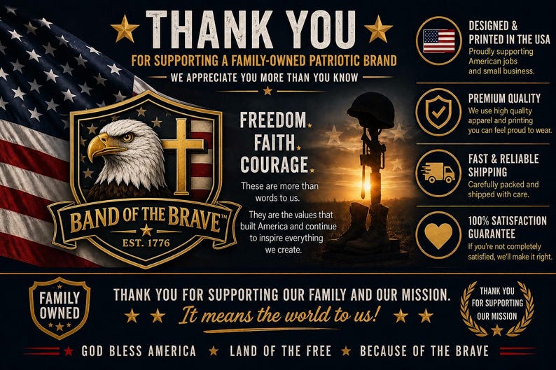 May include: A patriotic graphic featuring an American flag, a bald eagle, and a cross within a shield logo labeled Band of the Brave. It includes a soldier's memorial silhouette, text about family-owned values, and icons for quality and shipping.