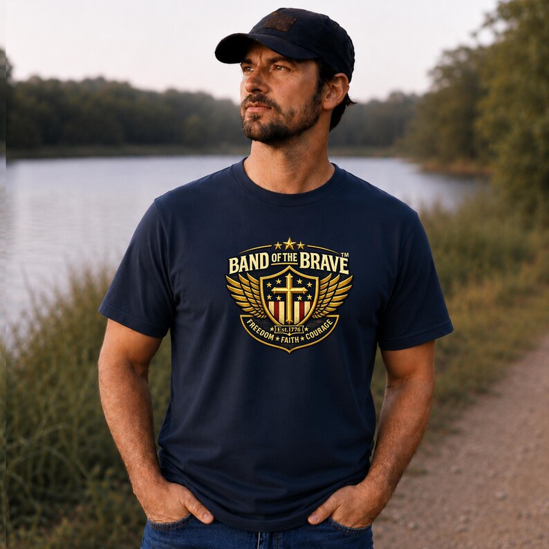 May include: A navy blue short-sleeve t-shirt featuring a gold and red graphic on the chest. The design includes a shield with a cross, wings, and the text BAND OF THE BRAVE, FREEDOM, FAITH, COURAGE, and Est. 1776. A black baseball cap is also worn.