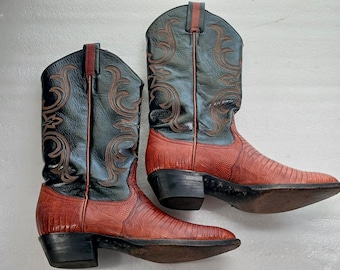 Stivali da cowboy in pelle di lucertola Larry Mahan 7.5B El Paso TX Marrone Nero Western