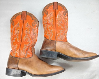 Stivali da cowboy da uomo Nocona, taglia 8.5 D, in pelle arancione e marrone, modello classico da rodeo, prodotti negli Stati Uniti.