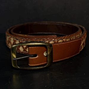 Vintage Hand Laced Leather Belt Woven Jute Inlay Brown Size 36 Boho Vintage Brown Belt From Leather, Wide Braided Boho Style, 90  main image 4