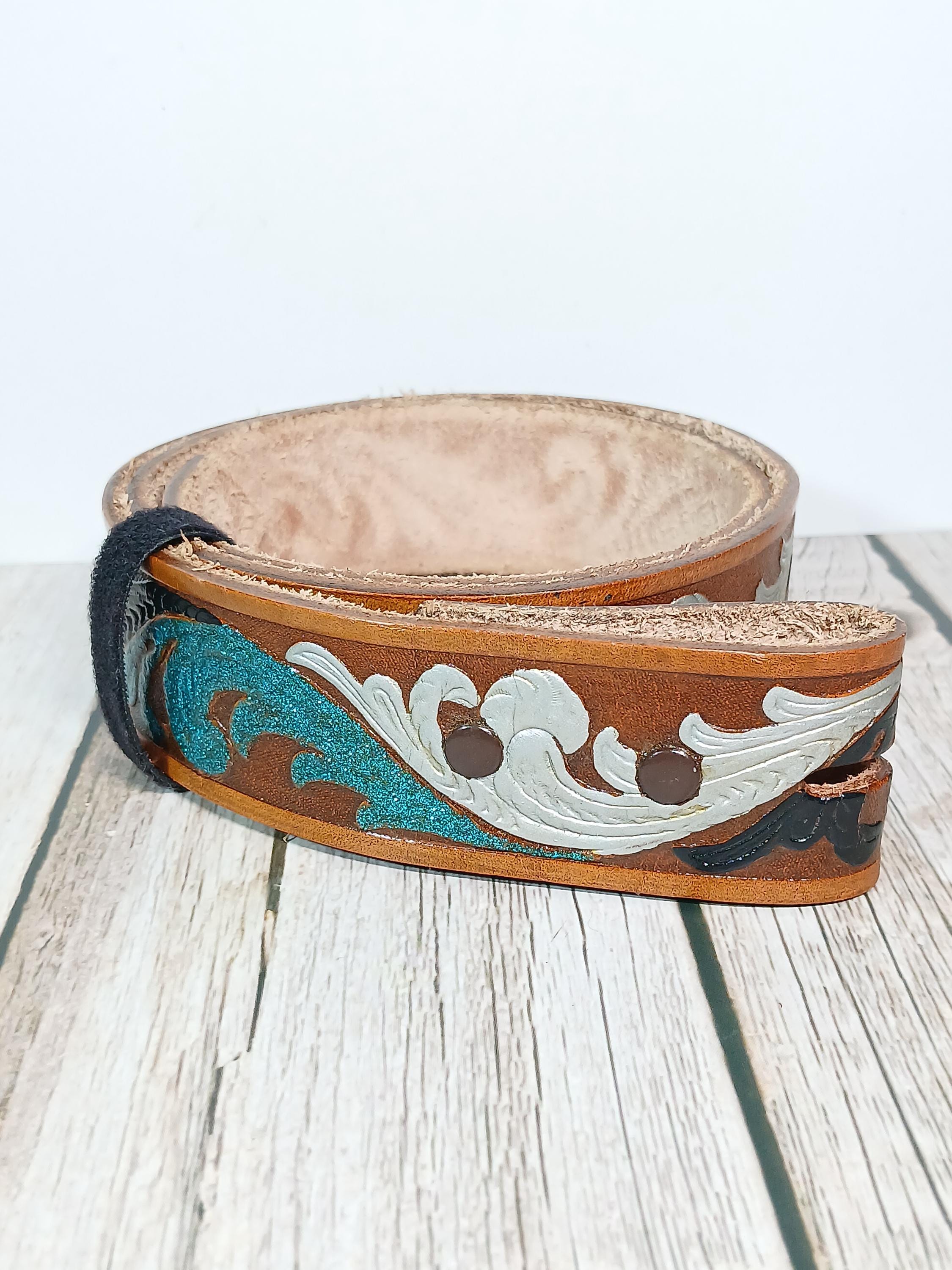 Roris Painted Beltz Hand Painted Black and Blue Leather Belt No Buckle 35\