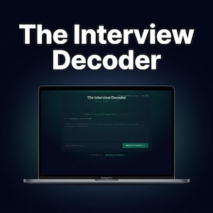 May include: A silver MacBook Pro laptop displaying the text "The Interview Decoder" at the top and on the screen. The screen shows a website interface with text and a green button. The background is a gradient of dark blue and green.