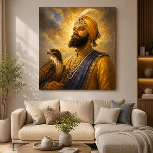 Peut inclure: Une impression d'art mural carrée représentant une personne barbue portant un turban doré avec une plume blanche et une écharpe bleue sur une tunique dorée. Un faucon brun est posé sur la main de la personne devant un ciel doré lumineux.