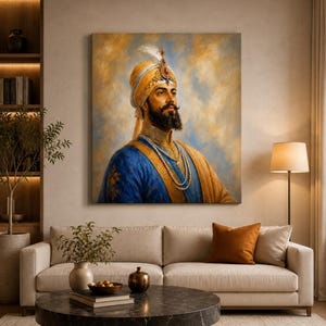 May include: A portrait painting of a bearded person wearing a yellow turban with a jeweled ornament and a white feather, dressed in a blue tunic with gold embroidery and layered pearl necklaces against a soft, cloudy, golden-blue background.