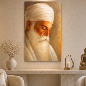 Può includere: Un dipinto a olio verticale su tela raffigurante il ritratto di profilo di una persona con una lunga barba bianca e un turbante bianco. Il soggetto ha gli occhi chiusi e un'espressione serena, resa con calde tonalità oro e crema.