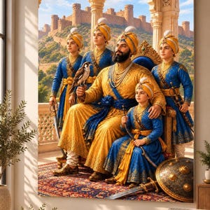 Peut inclure: Une impression d'art mural représentant un personnage central en robe jaune avec un faucon, entouré de quatre personnes en robes bleues et turbans jaunes. Ils sont sur un tapis à motifs devant une forteresse en pierre sous un ciel bleu.