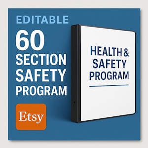 Op de afbeelding: Een blauwe achtergrond met de witte woorden "EDITABLE 60 SECTION SAFETY PROGRAM". Een zwarte map met de woorden "HEALTH & SAFETY PROGRAM" staat rechts. Een oranje Etsy-logo staat linksonder.