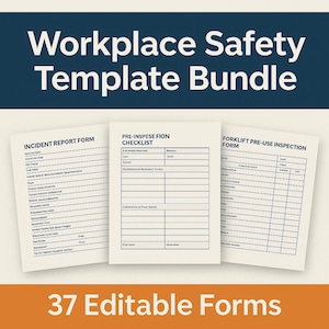 Puede incluir: Un paquete de 37 formularios de seguridad en el lugar de trabajo editables. La imagen presenta tres formularios: un informe de incidentes, una lista de verificación previa a la inspección y un formulario de inspección previa al uso de carretillas elevadoras. Los formularios están sobre un fondo beige claro.