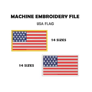 May include: Machine embroidery file featuring two embroidered USA flags. The flags have a blue field with white stars and red and white stripes. The text "USA FLAG" and "14 SIZES" are also included.