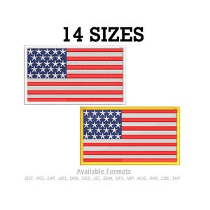 May include: Two rectangular embroidery designs of the United States flag, one with a white border and one with a gold border. The text 14 SIZES appears at the top, and Available Formats with file extensions .DST, .PES, .EXP, .U01, .DSB, .DSZ, .JEF, .SEW, .VP3, .VIP, .HUS, .XXX, .100, .TAP are listed at the bottom.