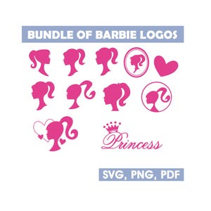 Puede incluir: Una colección digital de iconos gráficos rosas que presenta varias siluetas de peinados de coleta, una forma de corazón y una corona con la palabra Princess. El texto BUNDLE OF BARBIE LOGOS aparece arriba y SVG, PNG, PDF abajo.