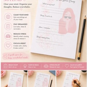 Op de afbeelding: A5 notitieblok met de titel "My Unstoppable Brain Dump" met roze accenten. Het notitieblok heeft gelinieerde pagina's om op te schrijven, een potlood en een roze illustratie. Het notitieblok is 14,8 x 21 cm en bevat 50 vellen.