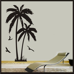 Palm Tree with Birds - 27&quot;x49&quot; Sticker - Removeable wall art Childrens boys room Matte Black Home Decor