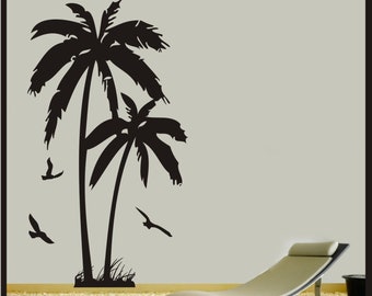 Palm Tree with Birds - 27"x49" Sticker - Removeable wall art Childrens boys room Matte Black Home Decor