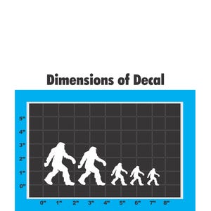 May include: A black and white graphic of four Bigfoot figures walking in a line, getting progressively smaller. The graphic is on a grid with inch measurements, showing the decal is 8 inches wide and 5 inches tall.