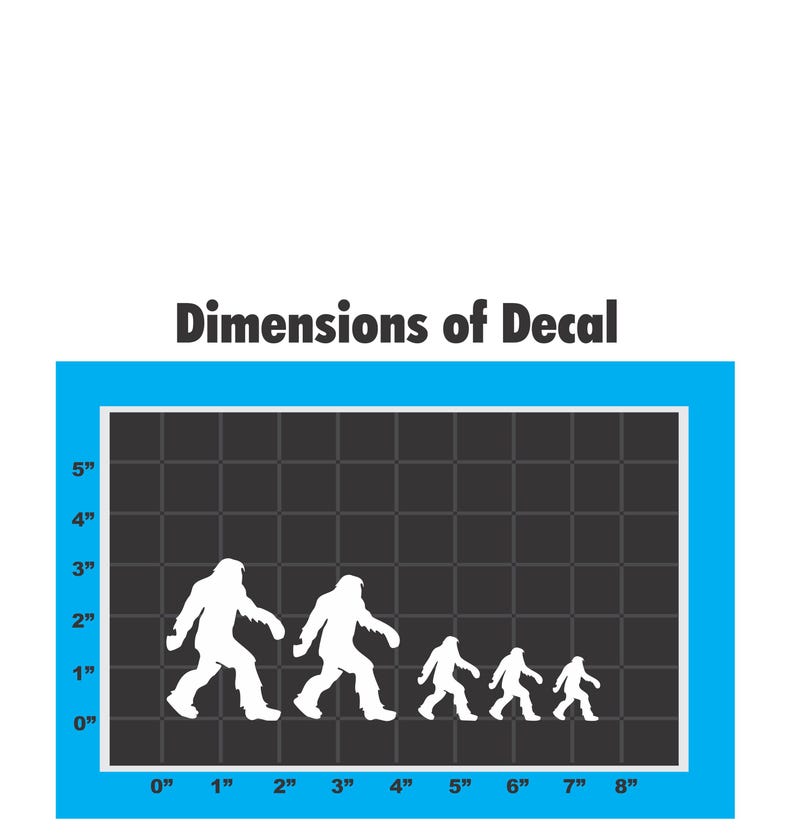 May include: A black and white graphic of four Bigfoot figures walking in a line, getting progressively smaller. The graphic is on a grid with inch measurements, showing the decal is 8 inches wide and 5 inches tall.