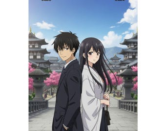 Anime Couple Poster Matte Vertical Poster | Japanese Temple Sakura Scene