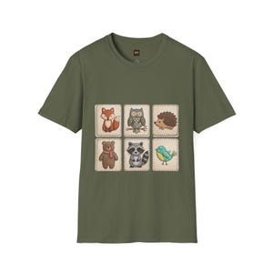 T-shirt med lapptäcke i skogsdjur | Räv, uggla, igelkott, björn, tvättbjörn, fågel