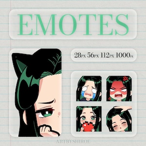 Puede incluir: Arte digital que presenta una colección de emoticonos con un personaje de estilo manga. Los emoticonos muestran diversas expresiones, como llanto, enfado y alegría. La palabra "EMOTES" se muestra en texto verde en la parte superior.