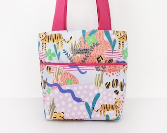 Shoulder Tote Bag / Fabric Handbag for Women with Front Pocket and Zip in Pink Animal Pattern