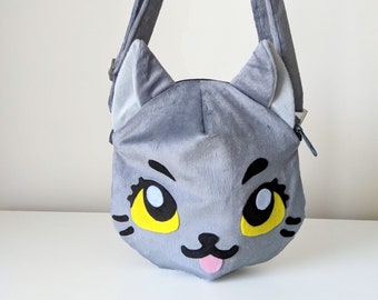 Cat Shaped Cross Body Bag with Pockets and Adjustable Strap in Grey Plush Minky